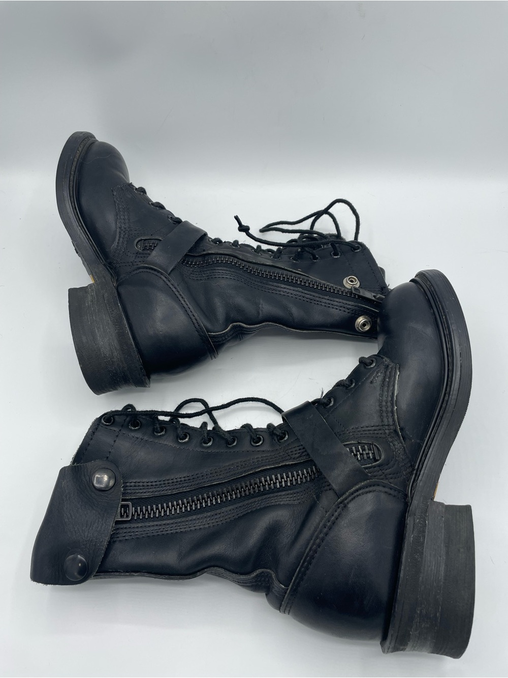 Double H Vintage Black Leather Lace-Up Combat Moto Boots with Buckle Strap. - Picture 16 of 16